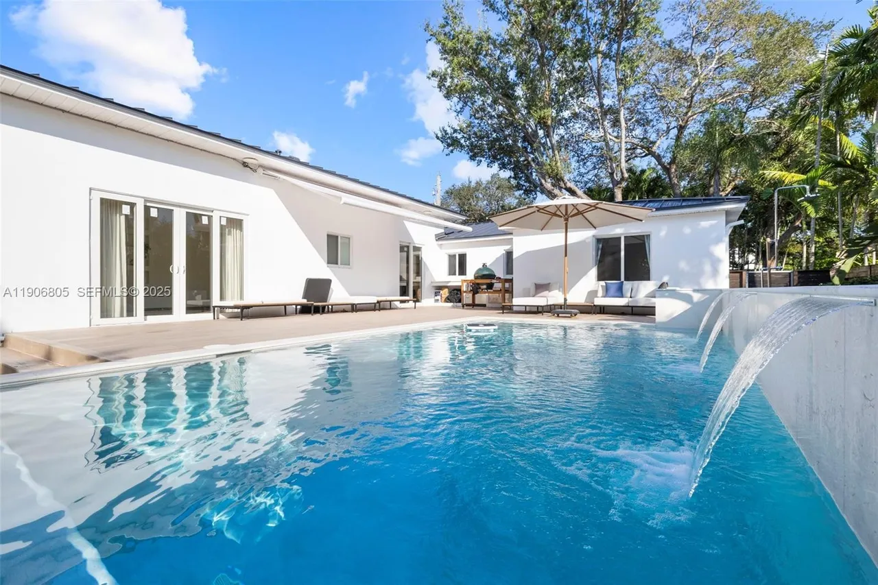 Pool and patio with modern minimalist home